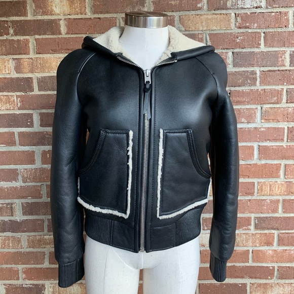 Coach Black Leather Shearling Hoodie Jacket